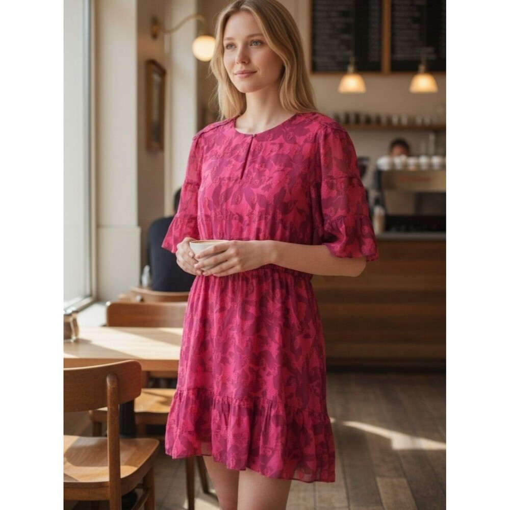 Joie Boho Hot Pink Chiffon Jacquard Floral Tiered Ruffle Sleeve Mini Dress L
